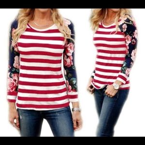Women's Striped Floral Print Long Sleeve Top, Sz M